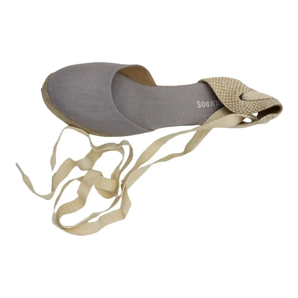 Soludos Tall Wedge Espadrille Women's 9.5 Gray Linen Ankle Tie Jute Heel